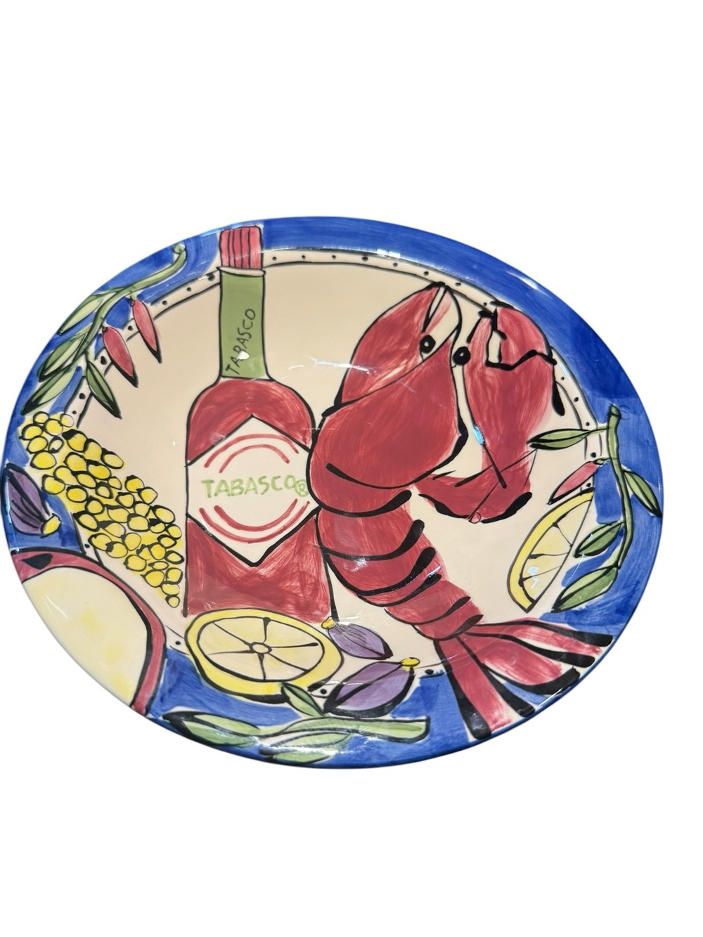 VTG Tabasco & Lobster Pottery Serving Bowl Tika Home Cajun Seafood Boil
